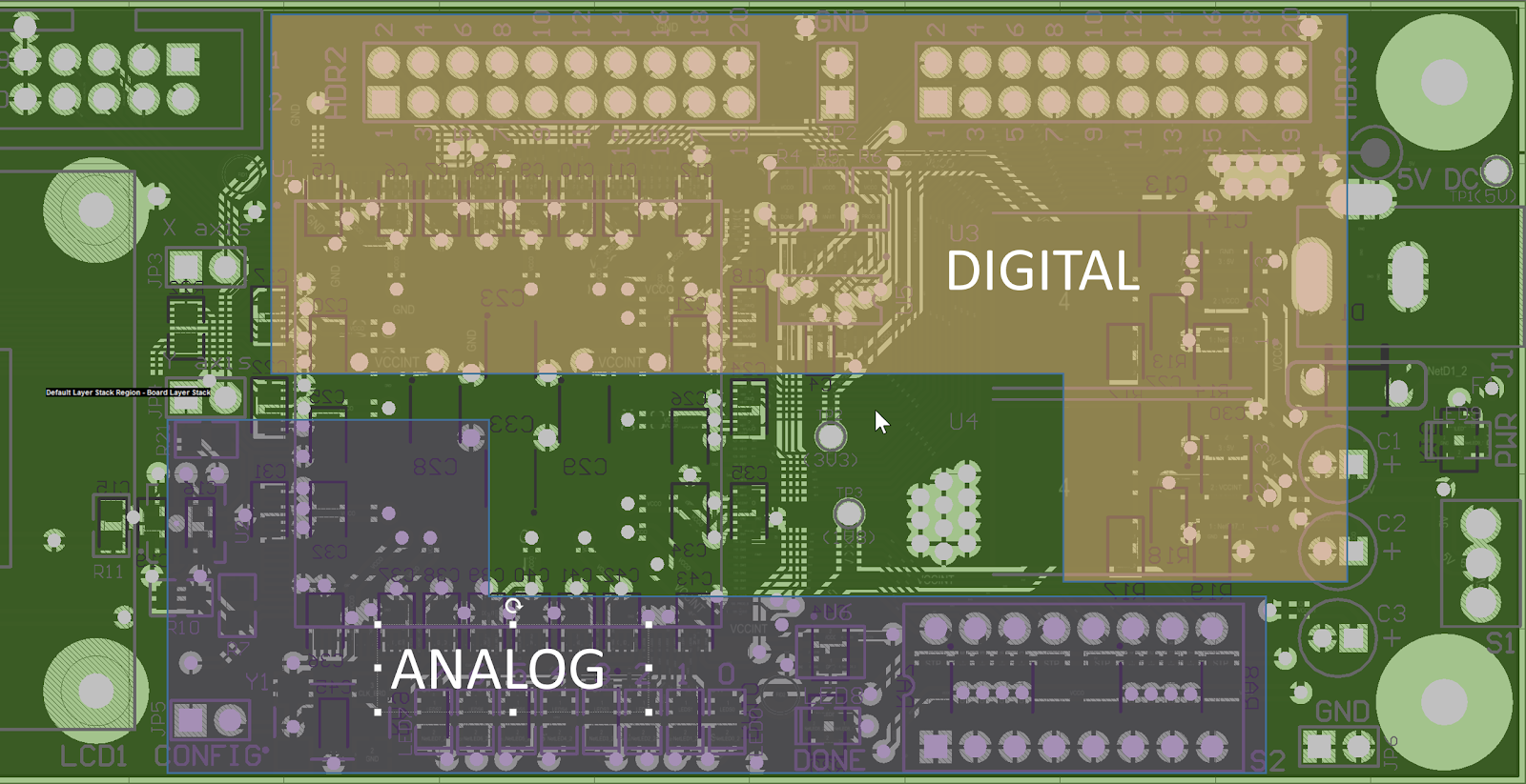 Analog and digital ground regions in a PCB