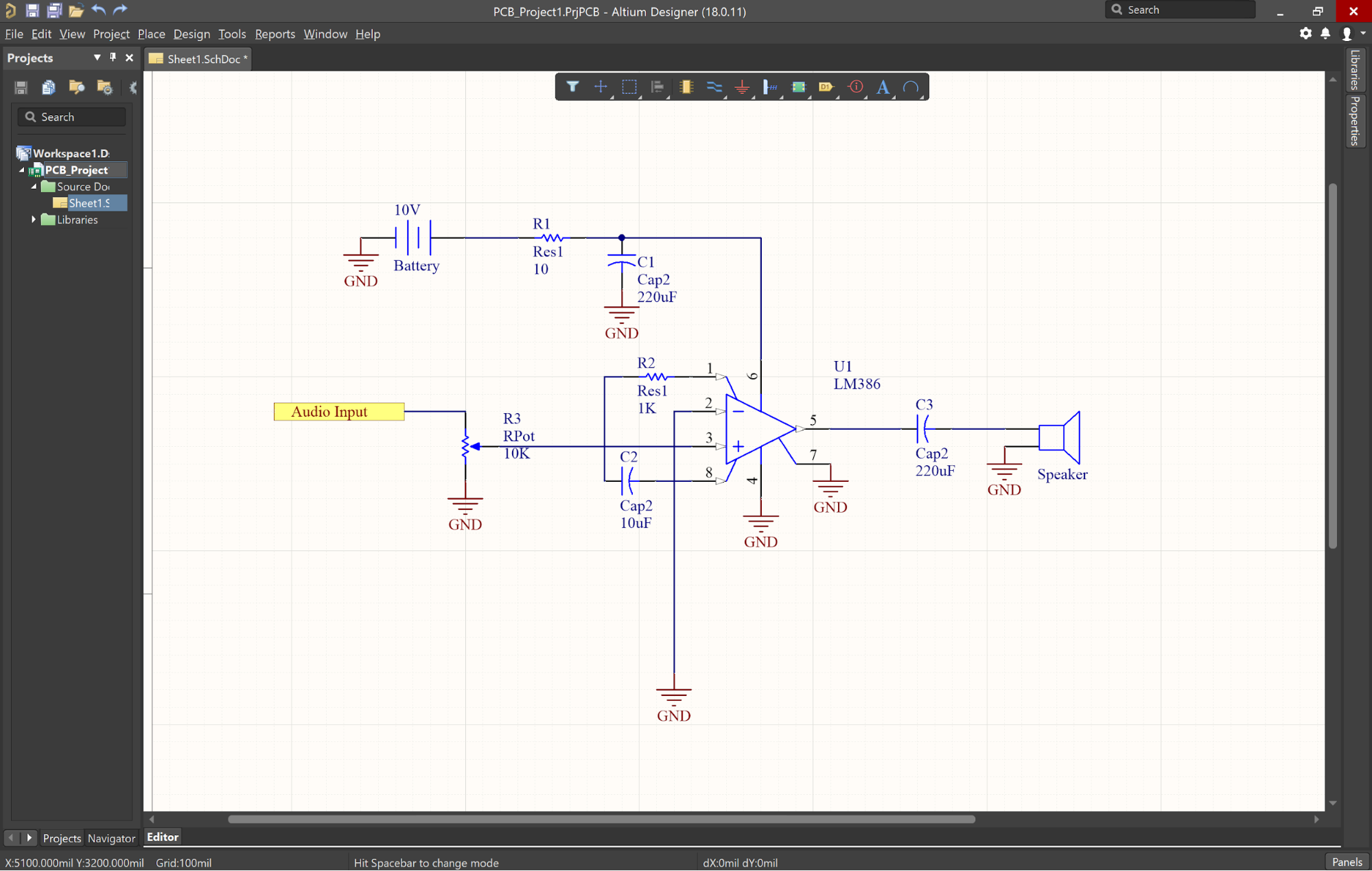 Altium Designer finished schematic for an amplifier circuit