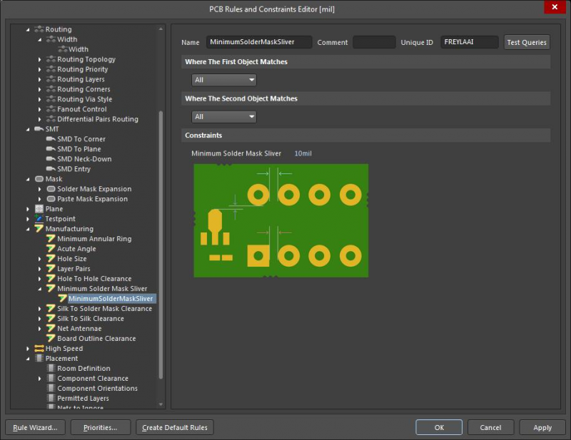 Screenshot showing the PCB Rules and Constraints editor in Altium Designer