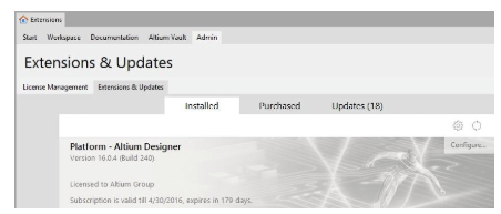 Sección de extensiones y actualizaciones en Altium Designer