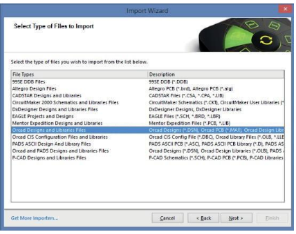Sélectionnez le type de fichier à importer (fichiers de conceptions et de bibliothèques OrCAD). Puis, cliquez sur Suivant.