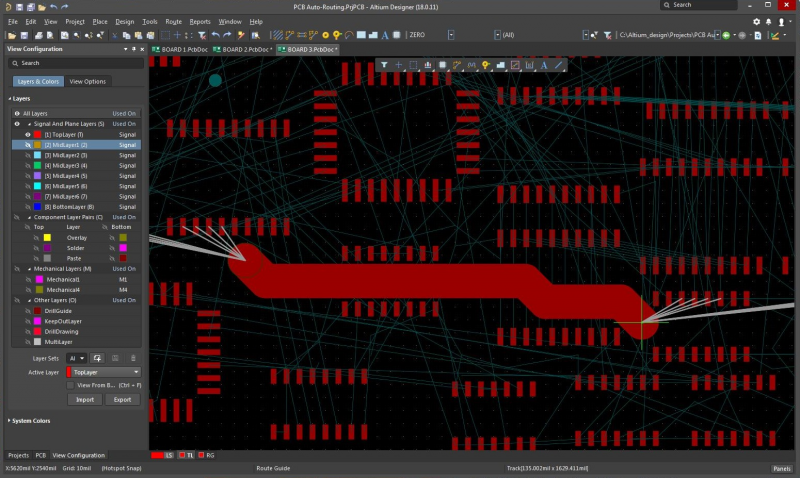Screenshot of auto-interactive routing in Altium Designer