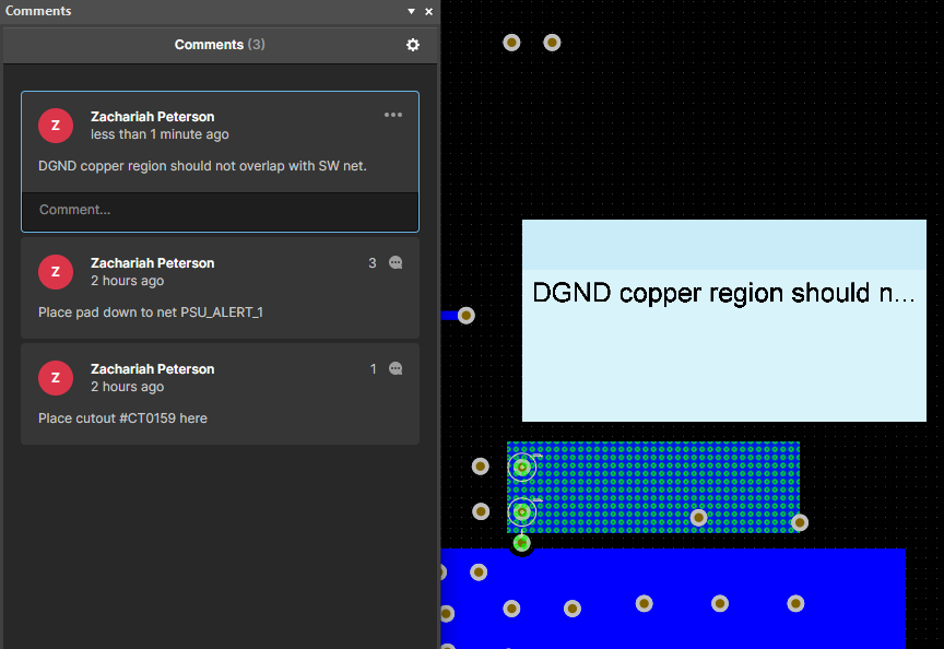 Viewing comments on copper regions in Altium 365