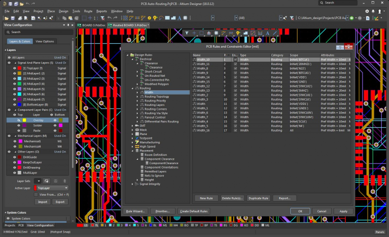 Capture d'écran de l'éditeur des règles de conception et des contraintes d'Altium Designer