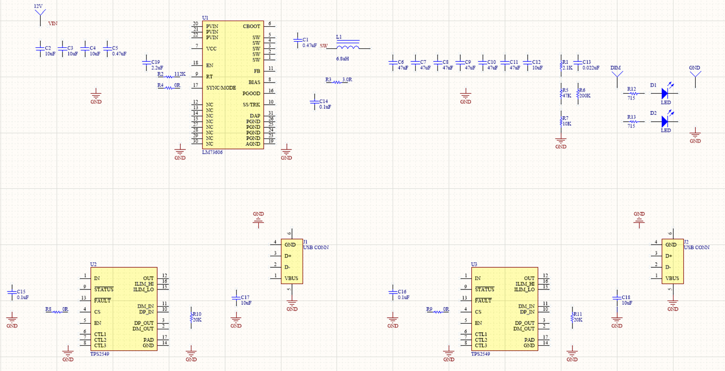 Initial schematic of the USB charger project in Altium Designer
