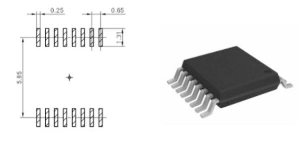 Footprint of the 16TSSOP microcontroller package - although this package is slightly bigger than the QFN 5 mm x 5 mm option, it allows routing of traces underneath the device on the same layer.