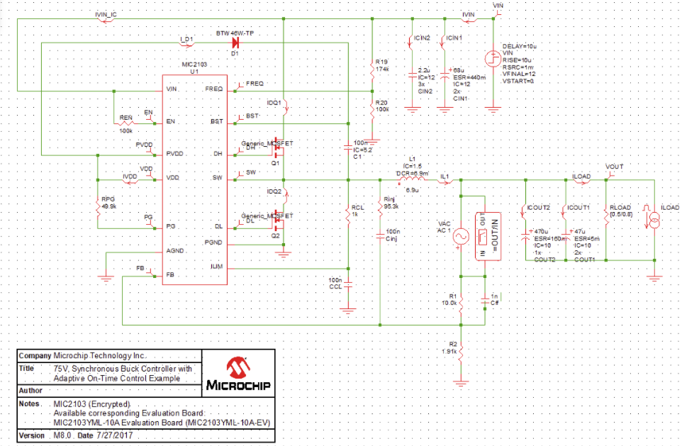 SIMPLIS MPLAB simulation schematic representing the designed circuit