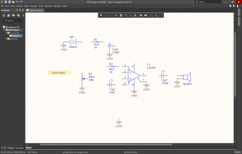 Screenshot of the schematic editor in schematic CAD software