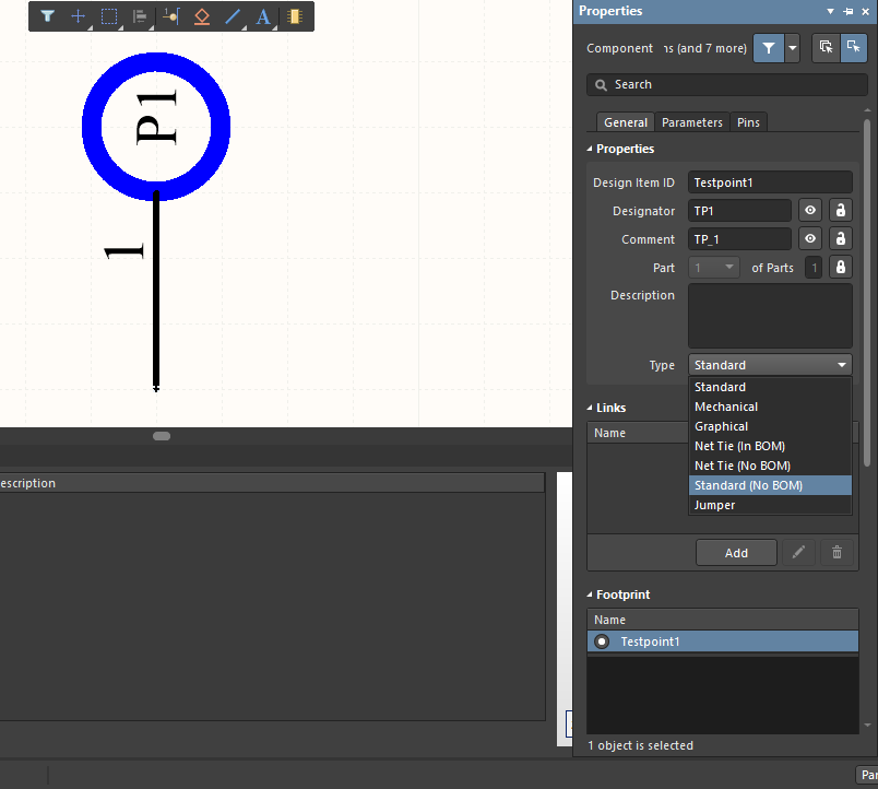 Properties for my test point schematic symbol