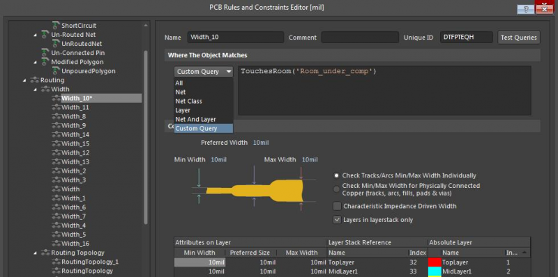 Capture d’écran de l’éditeur de règles de contrainte pour le dimensionnement des pistes dans Altium Designer