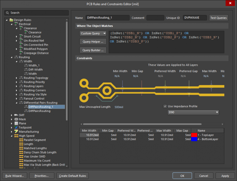 Screenshot of PCB Rules and Constraints Editor in Altium Designer for PCB trace width