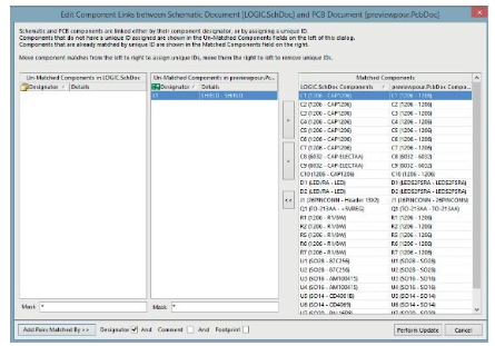 Emparejar componentes de esquemáticos y PCB por sus designadores de referencia en Altium Designer