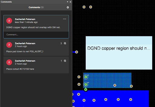 Viewing comments on copper regions in Altium 365