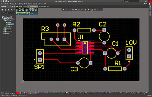 Finished LM358 op-amp circuit and layout with vias.