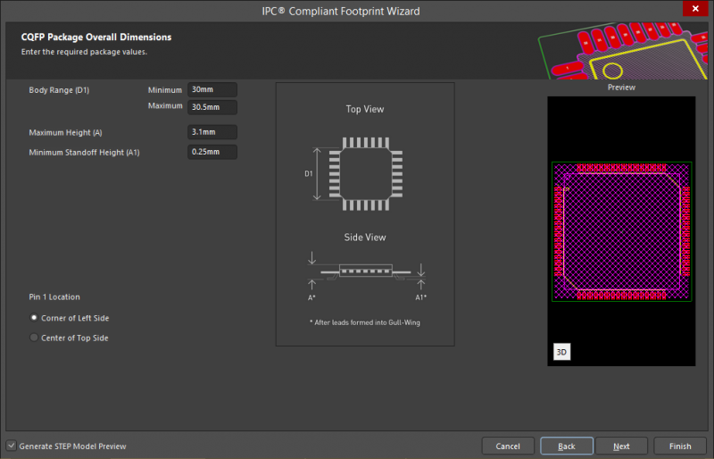 Screenshot of the IPC Compliant Footprint Wizard in Altium Designer