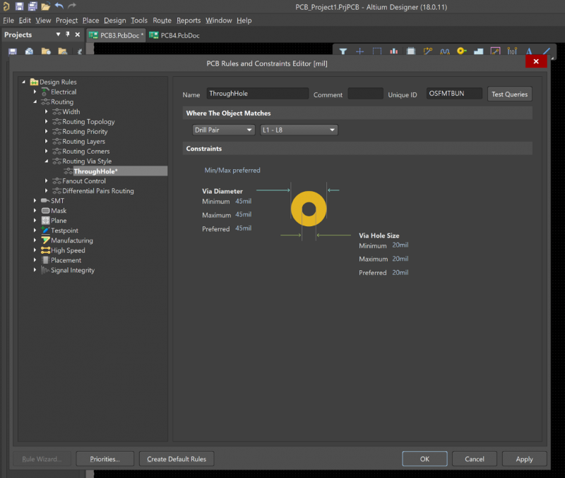 Screenshot of via parameter editing in Altium Designer