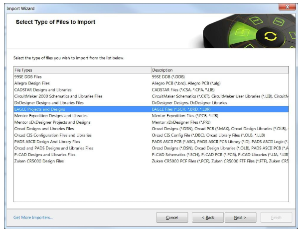 Cómo importar archivos desde Eagle: selección del tipo de archivo con el asistente de importación de Altium Designer